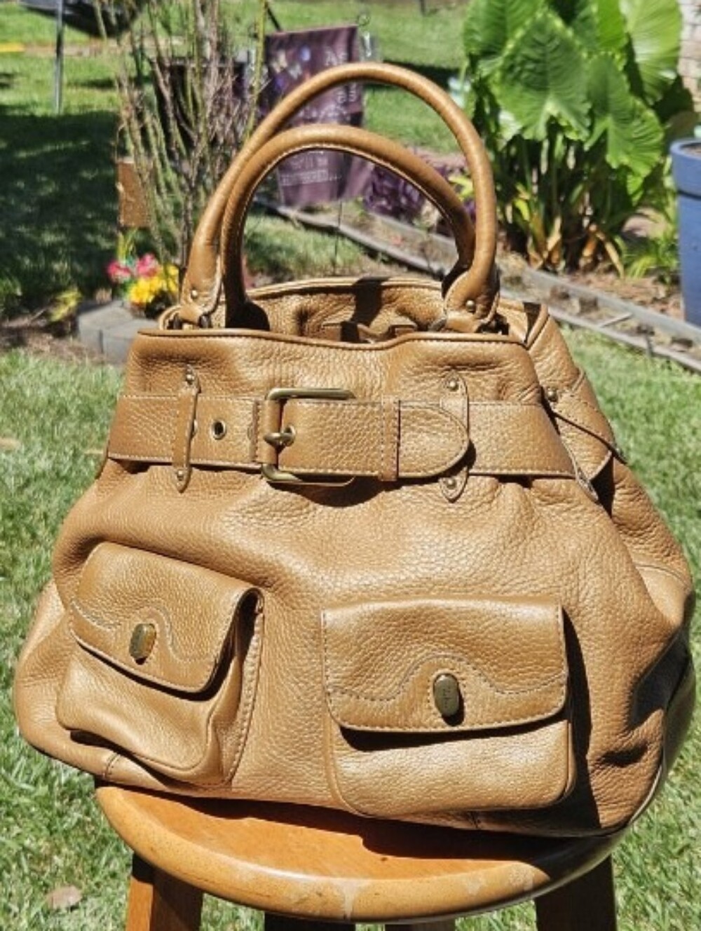 Classic Cole Haan Golden Tan Leather Shoulder Bag Satchel Handbag. Light Shimmer
